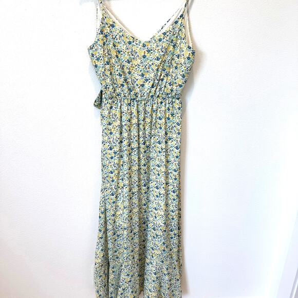 Altar'd State Yellow/Blue Floral Ruffle Faux Wrap V-Neck Cottage Maxi Dress- L - Picture 8 of 11